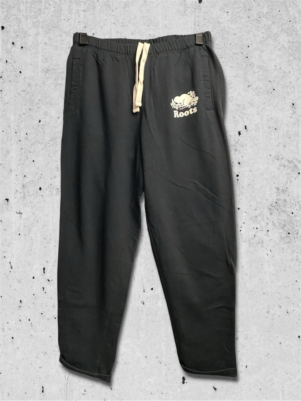 Roots Black Sweatpants with Cream Drawstring and Logo